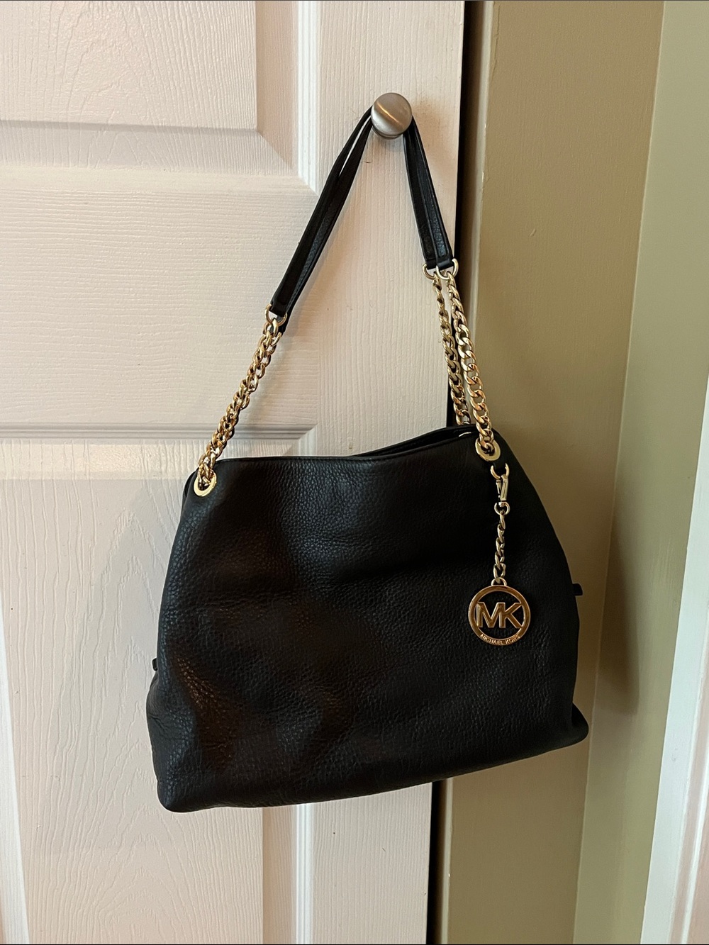 Michael Kors Black Pebble Leather Shoulder Bag with Gold MK Charm, 13x10 inches